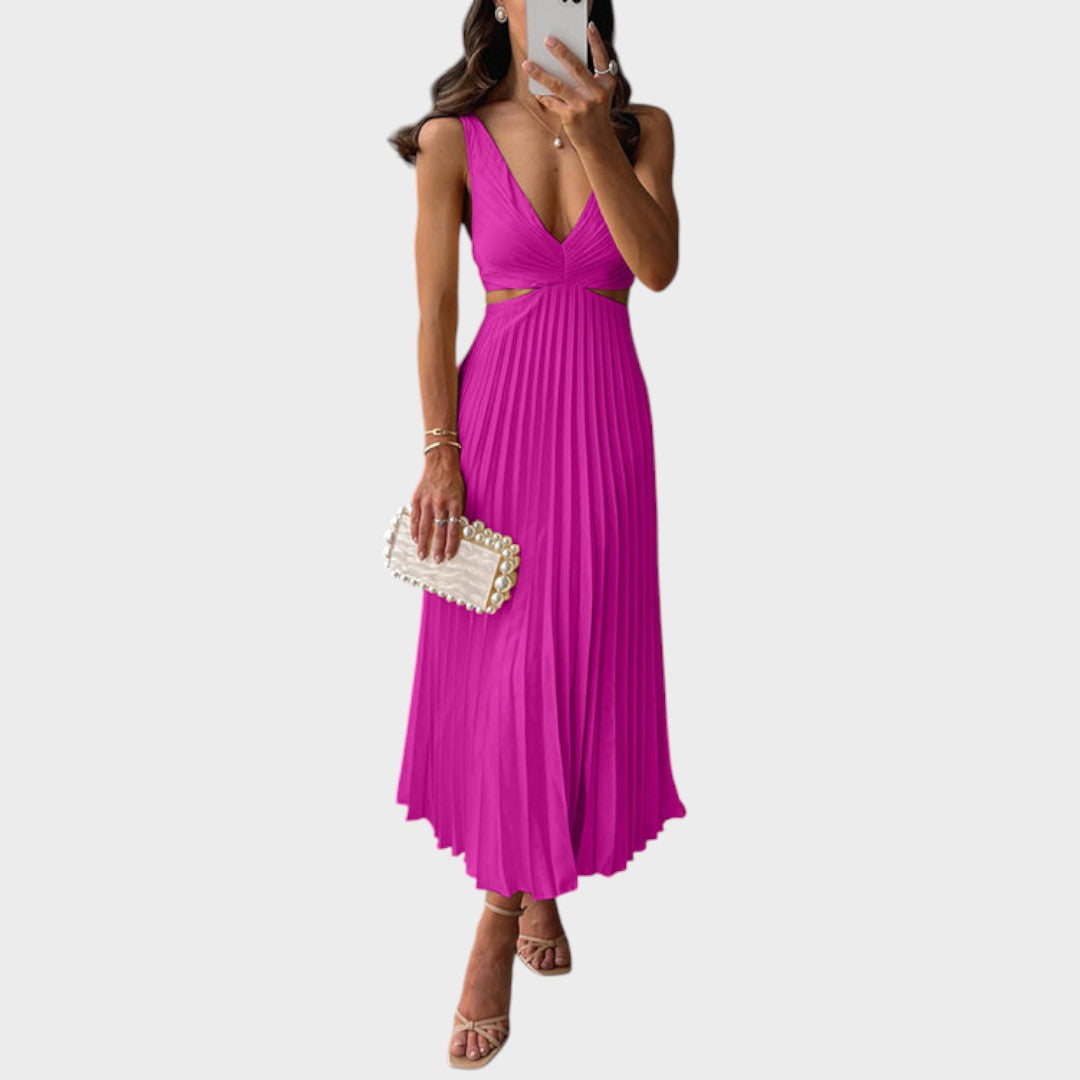 Katarina - Elegantna Haljina s V-Izrezom i Plisiranim Suknjom